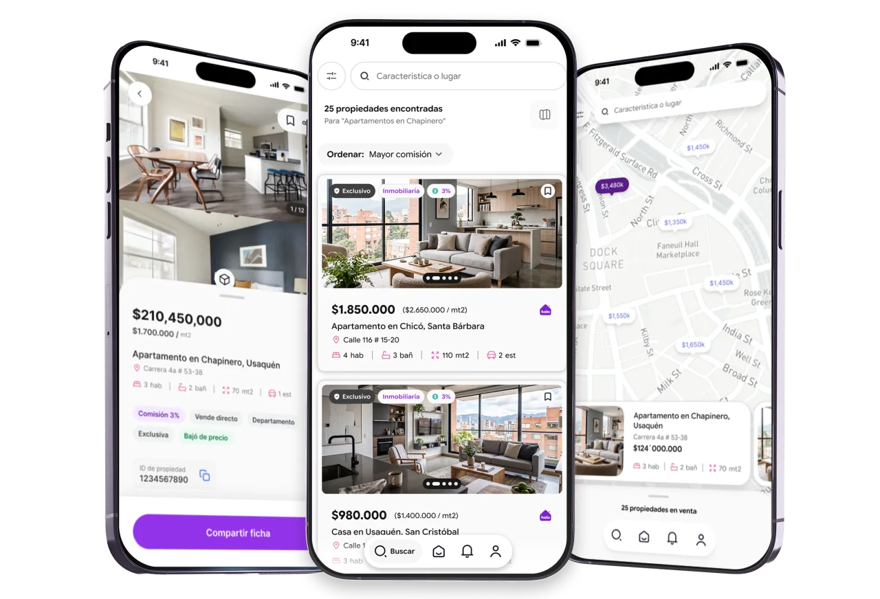 Tres pantallas de la app: la ficha de un inmueble, el inventario y el mapa